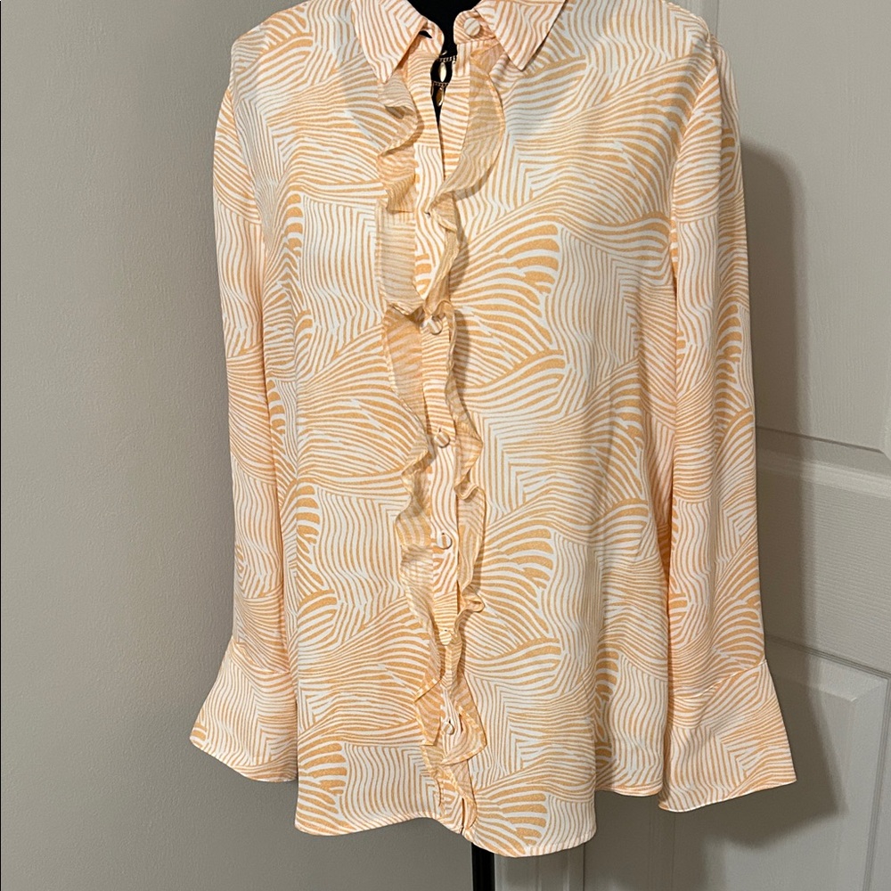 Chico's Size 2 (regular L) Cream and Orange Patterned Blouse
